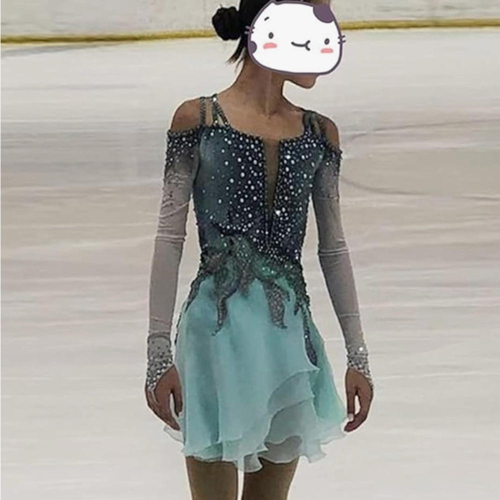 Elegant Blue and Gray Custom Figure Skating Dress